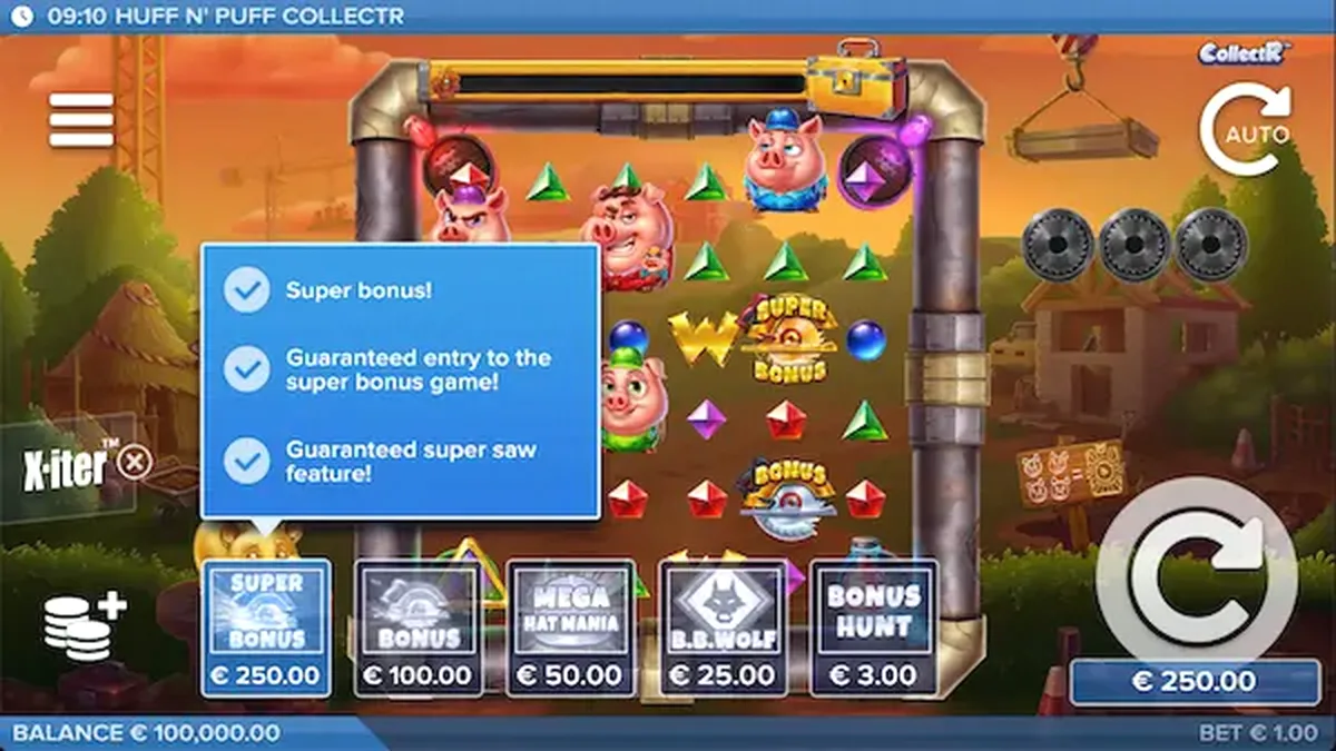 Tampilan visual permainan slot Huff N’ Puff CollectR dengan tema babi dan serigala